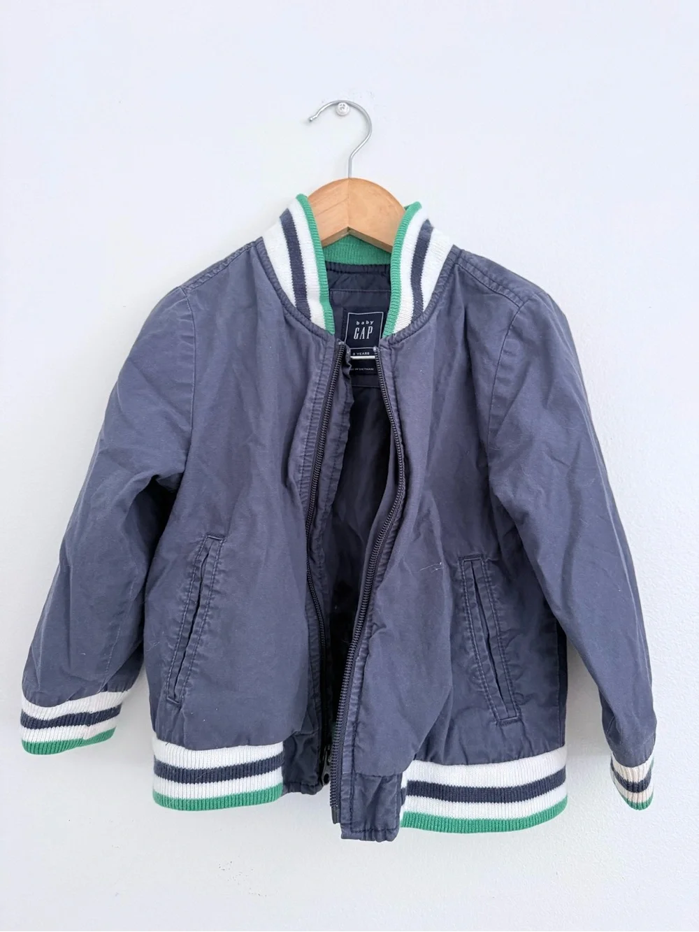 GAP Navy Puffer Jacket with Green & White Striped Trim